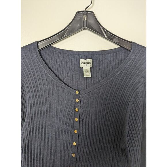 Chico's Size 3 Pullover Knit Sweater Vneck Snap accent Long Sleeve Navy … - Picture 3 of 11